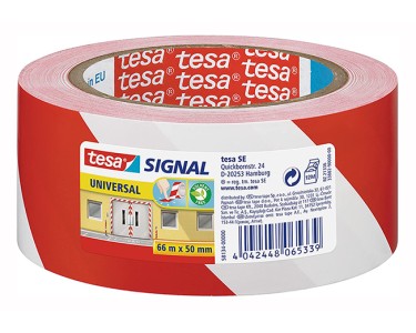 TESA 58134 Hazard Tape 50mm 66mt, White/Red, Warning