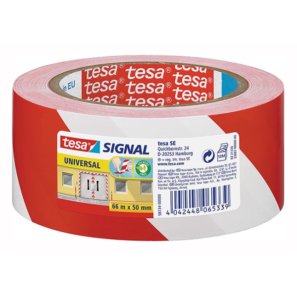 TESA 58134 Hazard Tape 50mm 66mt, White/Red, Warning